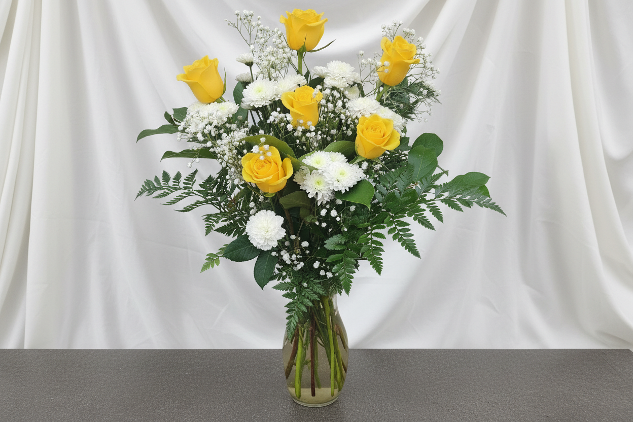 6 Roses with Chrysanthemums – Elegant Rose Arrangment