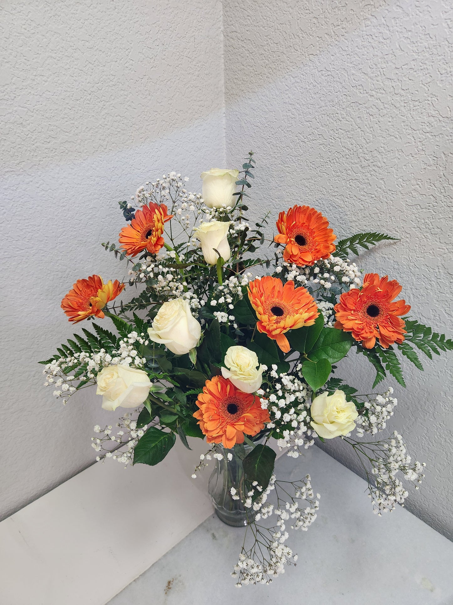 6 Premium WHITE Roses & 6 ORANGE Gerbera Daisies