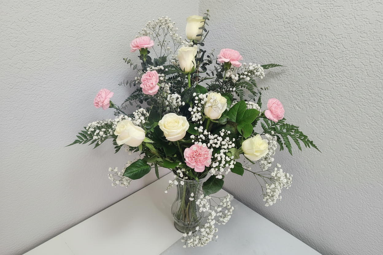 6 Premium Roses & 6 Carnations Arrangement – Elegant Fresh Flower Arrangement